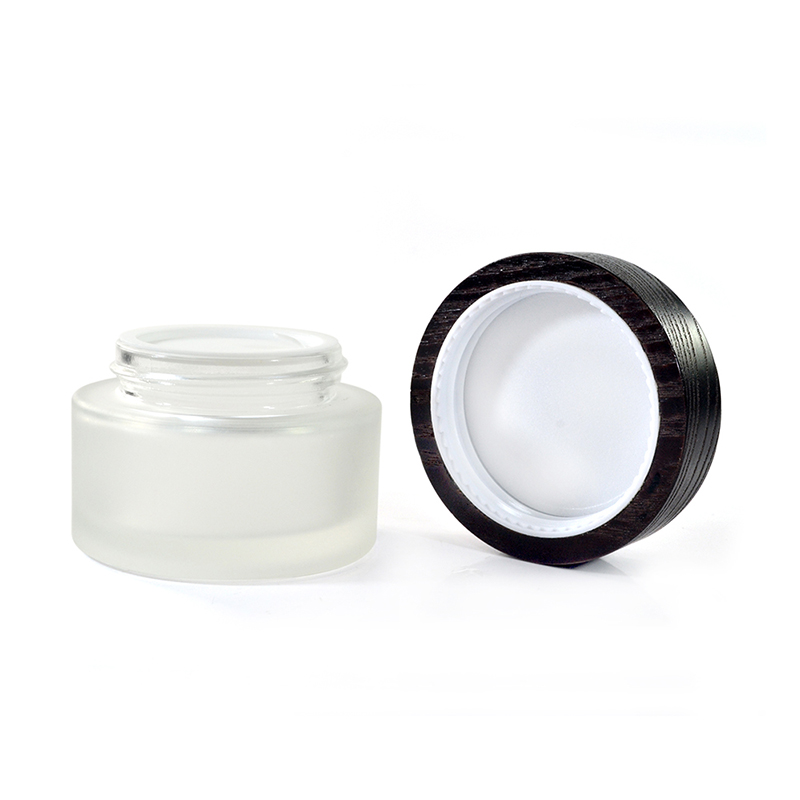 Empty frosted clear 5g 15g 30g 50g 100g glass cream jar with black bamboo screw lid