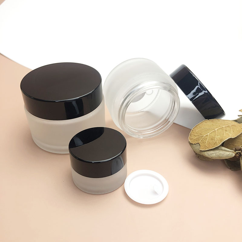 Empty glass cosmetic packaging sets clear frosted cream jar with lid glass jar for face cream