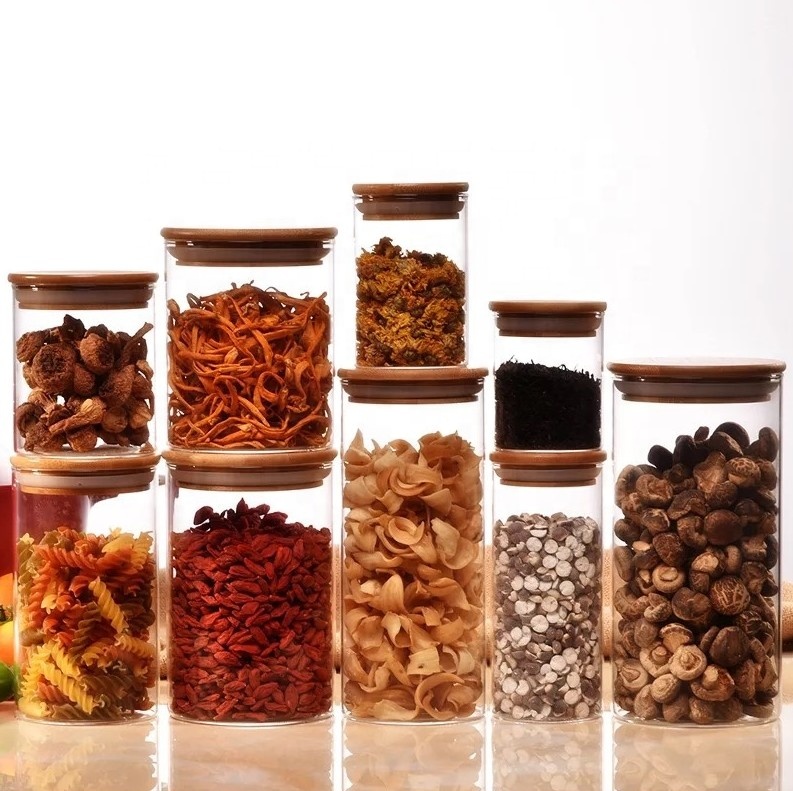 Empty glass kitchen storage jar spice storage jar with bamboo lids silicon ring set BJ-CC5