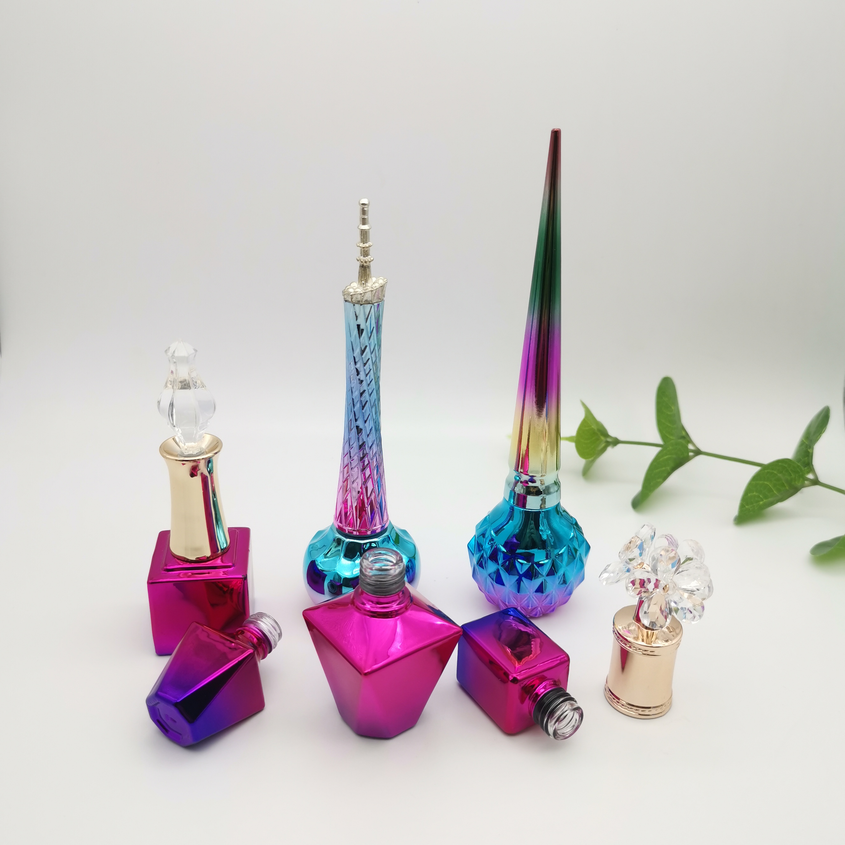 Empty high quality electroplating fading color nail polish bottle rhinestone with brush