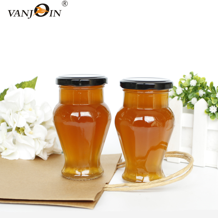 Empty many available size 50g~1000g glass honey jar jam jar canning jar with screw metal or black golden cap