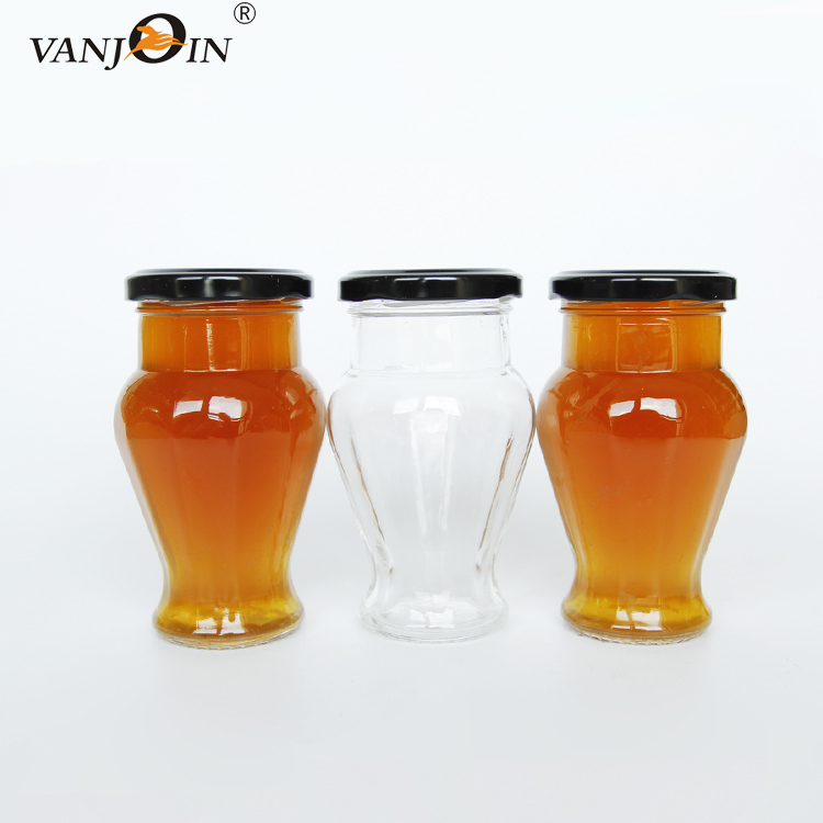 Empty many available size 50g~1000g glass honey jar jam jar canning jar with screw metal or black golden cap