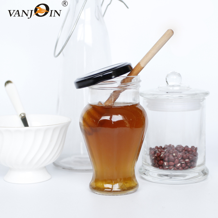 Empty many available size 50g~1000g glass honey jar jam jar canning jar with screw metal or black golden cap