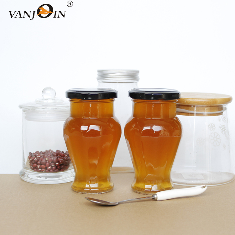 Empty many available size 50g~1000g glass honey jar jam jar canning jar with screw metal or black golden cap