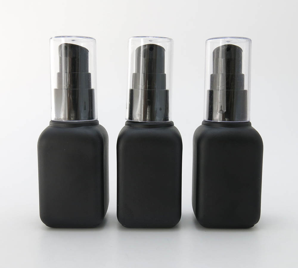 Empty matte black 30ml square cosmetic glass lotion bottles with lotion pump