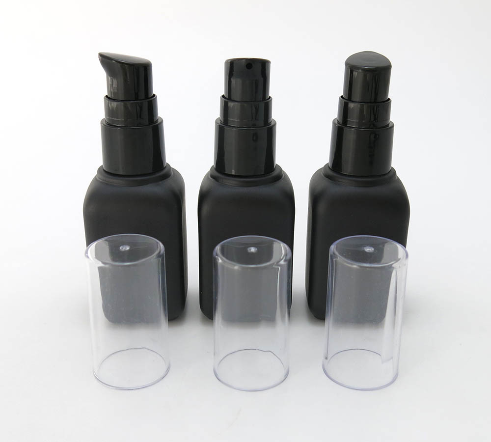 Empty matte black 30ml square cosmetic glass lotion bottles with lotion pump