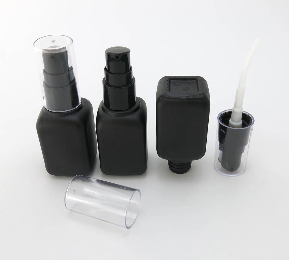 Empty matte black 30ml square cosmetic glass lotion bottles with lotion pump