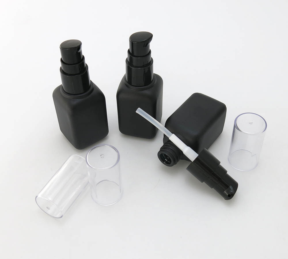 Empty matte black 30ml square cosmetic glass lotion bottles with lotion pump