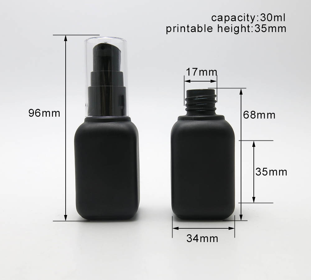 Empty matte black 30ml square cosmetic glass lotion bottles with lotion pump