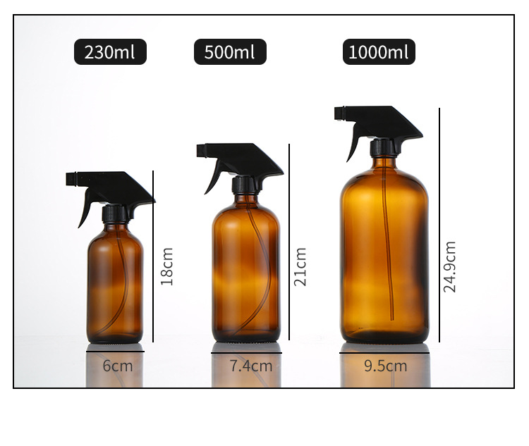 Empty perfume essential oil 8oz 16oz clear blue 250ml 500ml amber Boston glass bottles with trigger sprayer