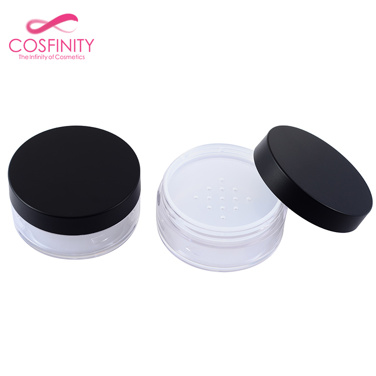 Empty plastic cosmetic loose powder cream jar acrylic cream jar loose powder jar with sifter and black cap