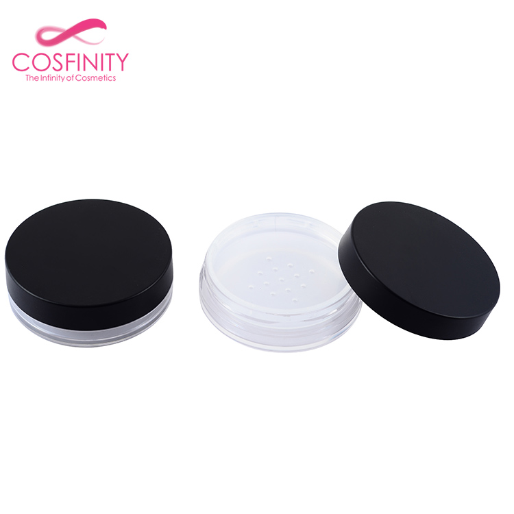 Empty plastic cosmetic loose powder cream jar acrylic cream jar loose powder jar with sifter and black cap