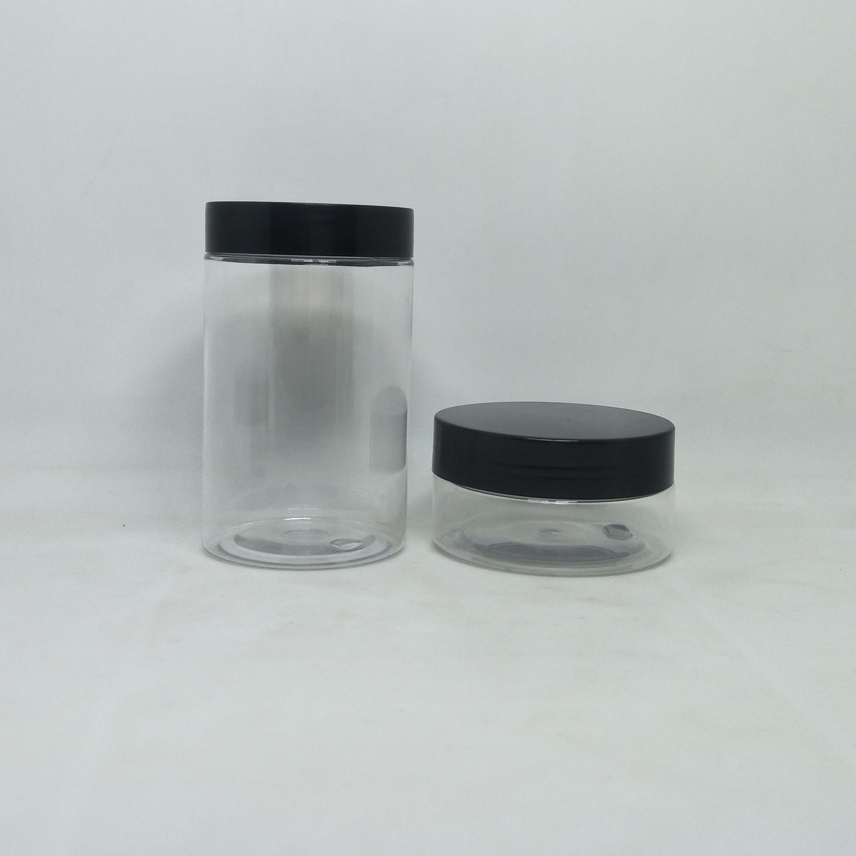 Empty plastic jar PET clear jar  packaging plastic jar with black lid 30g 50g 60g 80g 100g 120g 150g 200g 250g 500g 1000g