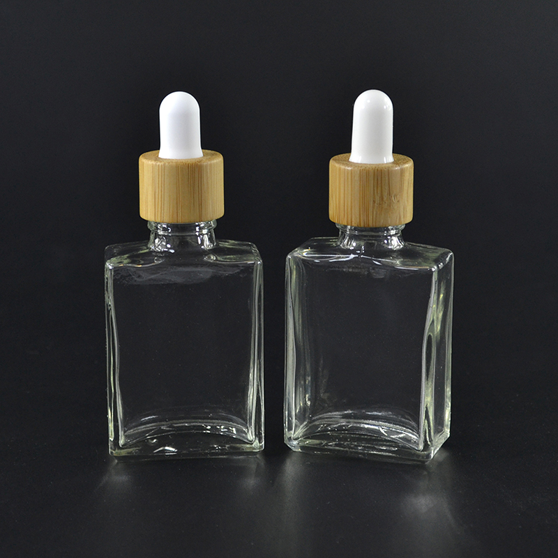 Empty rectangle square 15ml 30ml 50ml 100ml essential oil clear frost glass dropper bottle  with bamboo cap
