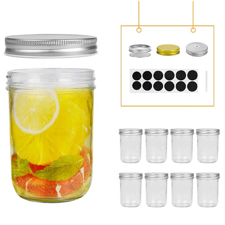Empty round 16oz wide mouth sealed glass mason jar caviar jam pickle food storage jar with screw lid