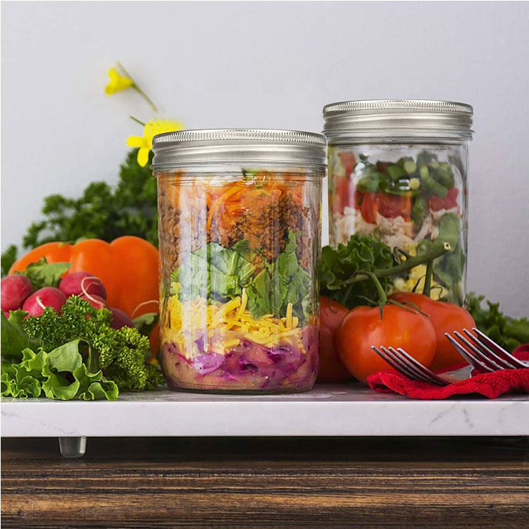Empty round 16oz wide mouth sealed glass mason jar caviar jam pickle food storage jar with screw lid