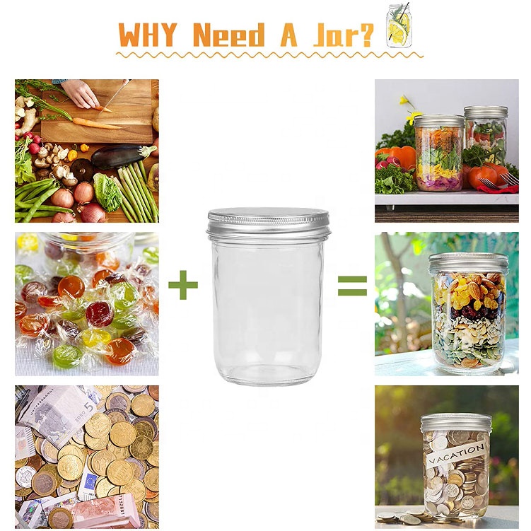 Empty round 16oz wide mouth sealed glass mason jar caviar jam pickle food storage jar with screw lid
