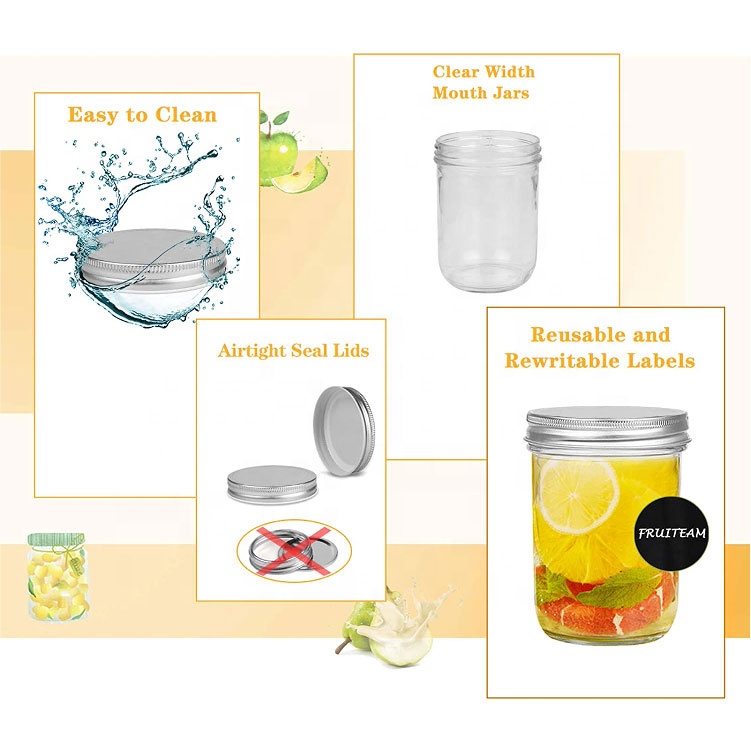 Empty round 16oz wide mouth sealed glass mason jar caviar jam pickle food storage jar with screw lid