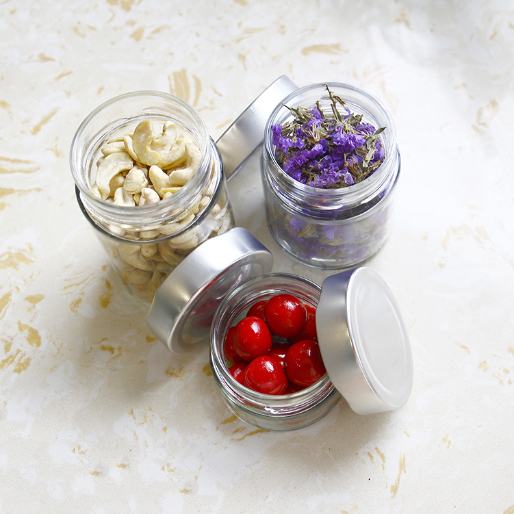 Empty round 212ml 314ml straight sided food canning package glass jars with twist off deep lid