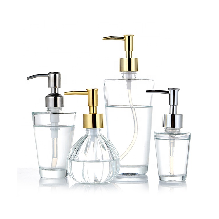 Empty round glass liquid bottle with Stainless steel pump for hand soap