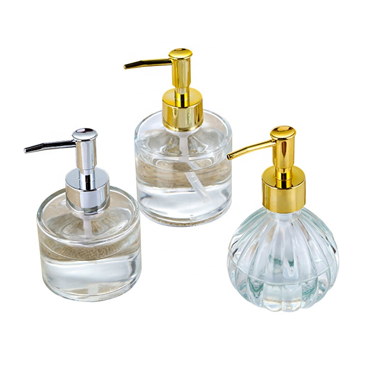 Empty round glass liquid bottle with Stainless steel pump for hand soap