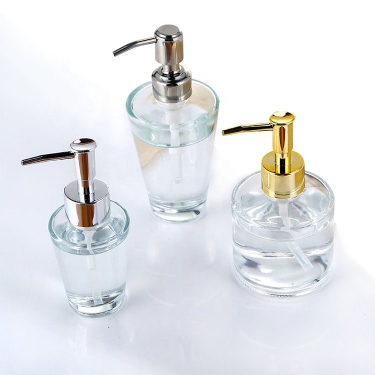 Empty round glass liquid bottle with Stainless steel pump for hand soap