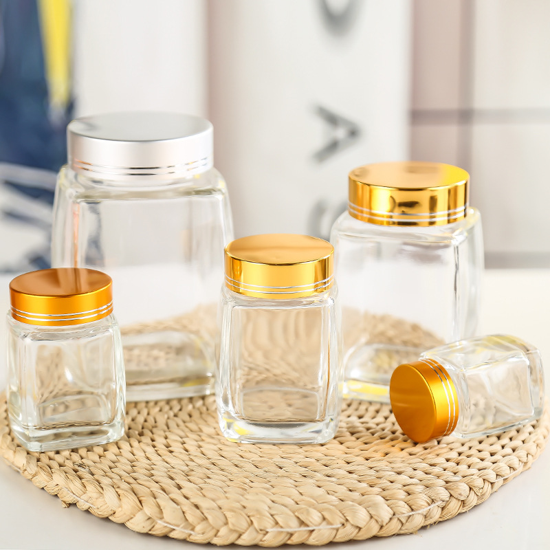 Empty square 50ml 100ml 180ml 280ml 380ml 500ml 730ml honey jam jar storage glass jars bottles in bulk