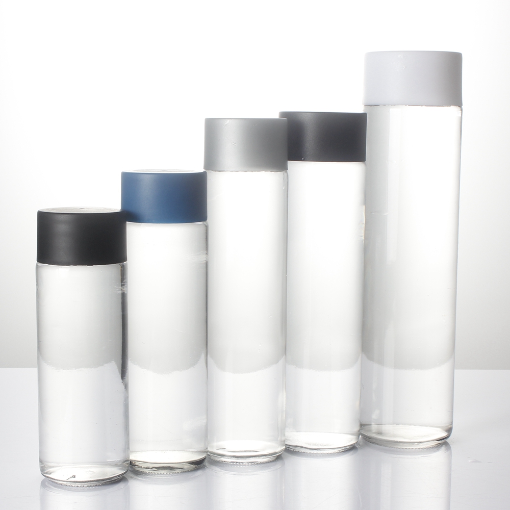 Empty transparent 1000ml 750ml 500ml 375ml high flint juice drink beverage mineral water voss glass bottle with plastic lid