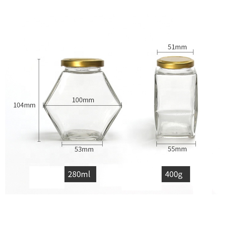 Empty transparent hexagon shape 280ml glass bottles jam jars pickles candy sealed cans bird nest honey