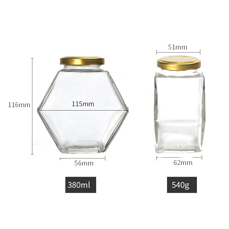Empty transparent hexagon shape 280ml glass bottles jam jars pickles candy sealed cans bird nest honey