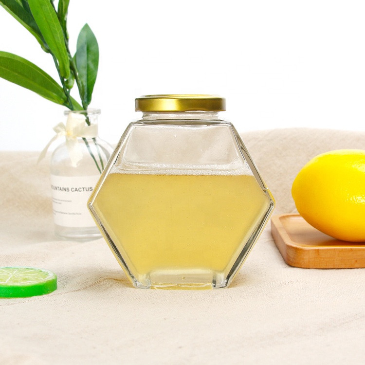 Empty transparent hexagon shape 280ml glass bottles jam jars pickles candy sealed cans bird nest honey
