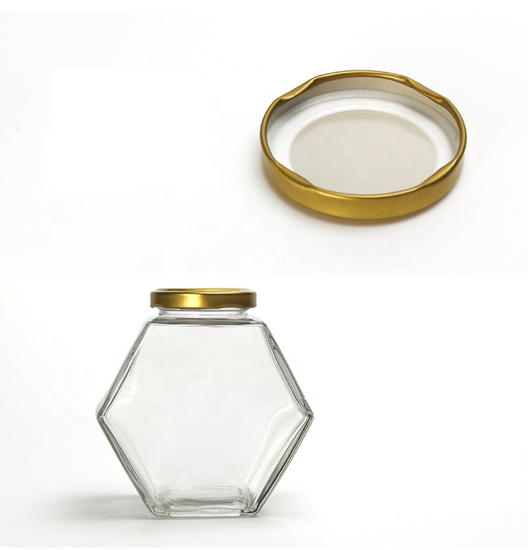 Empty transparent hexagon shape 280ml glass bottles jam jars pickles candy sealed cans bird nest honey