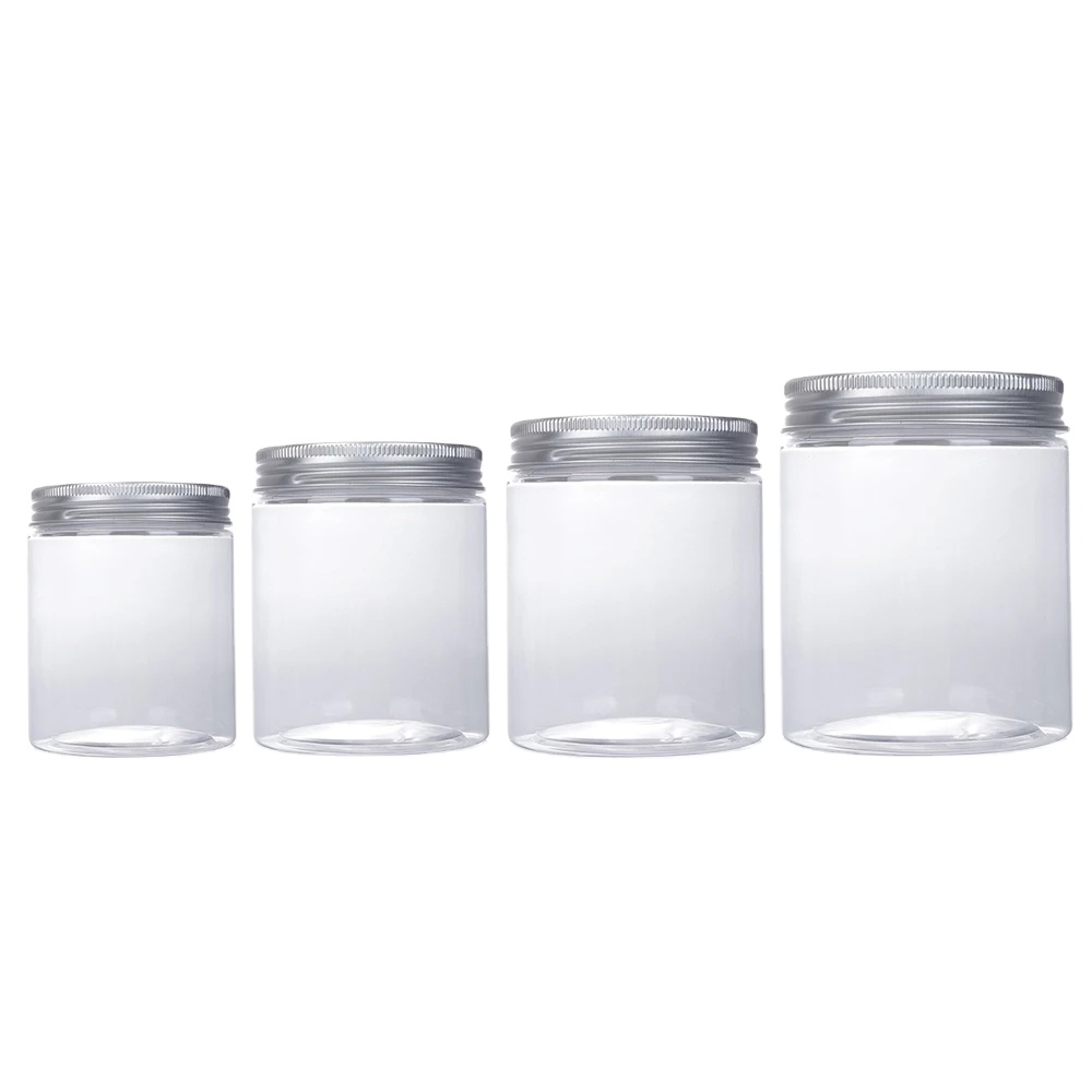 Empty transparent round 300ml plastic PET cream storage screw jar container with aluminum lid
