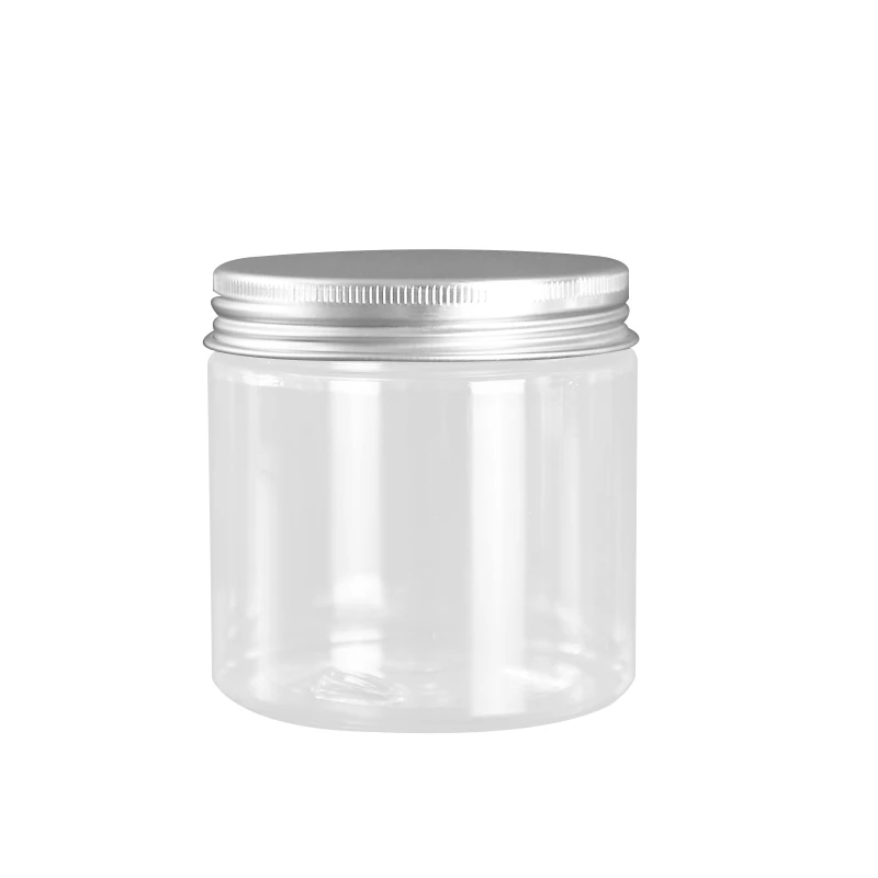 Empty transparent round 300ml plastic PET cream storage screw jar container with aluminum lid