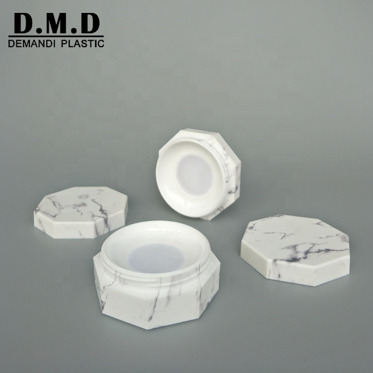Empty unique luxury marble makeup powder jar with mesh lid