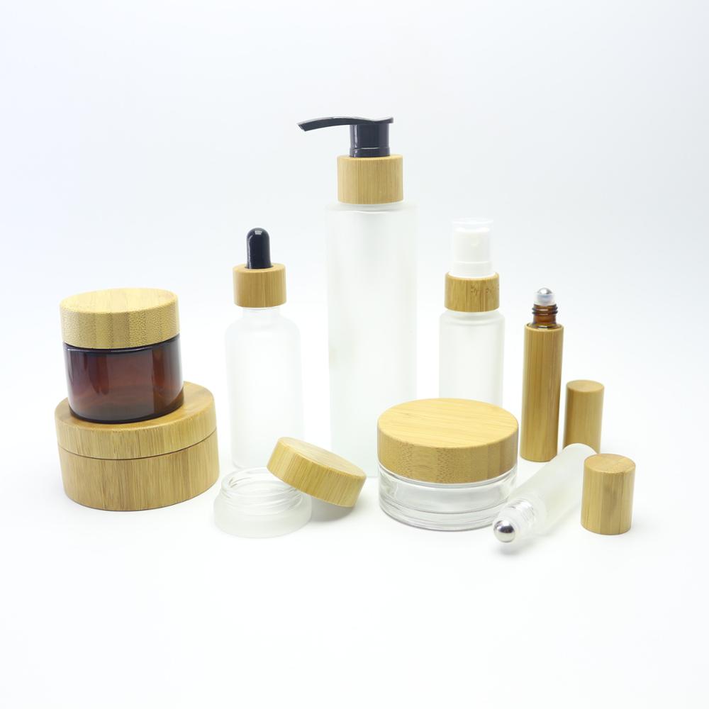 Empty wholesale clear frosted cosmetic bamboo packaging cream jar and bamboo lotion pump bottle roll on bottle BGJ-888S