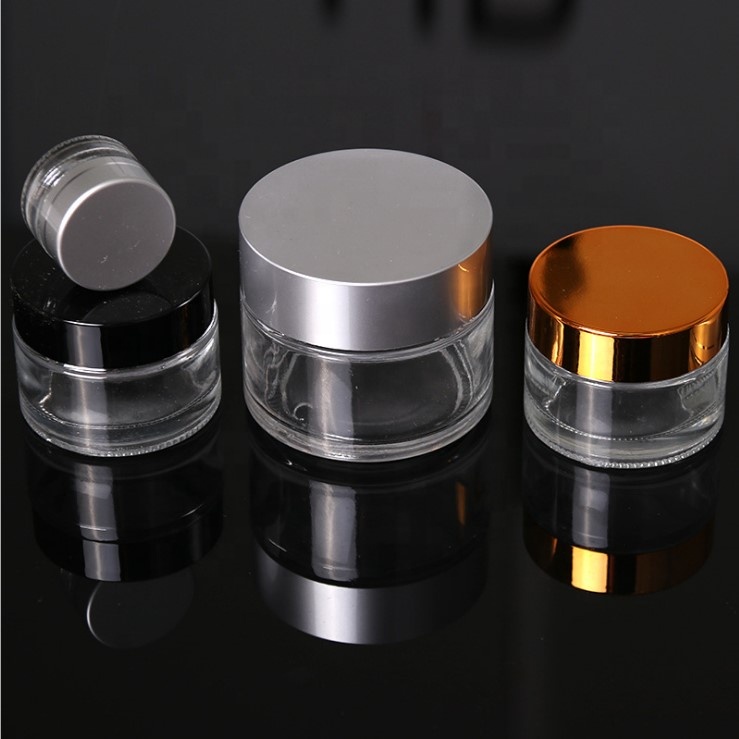 Empty wide mouth clear glass cosmetic skincare cream packaging jars with gold lid