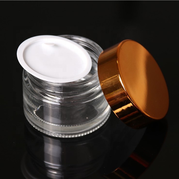 Empty wide mouth clear glass cosmetic skincare cream packaging jars with gold lid