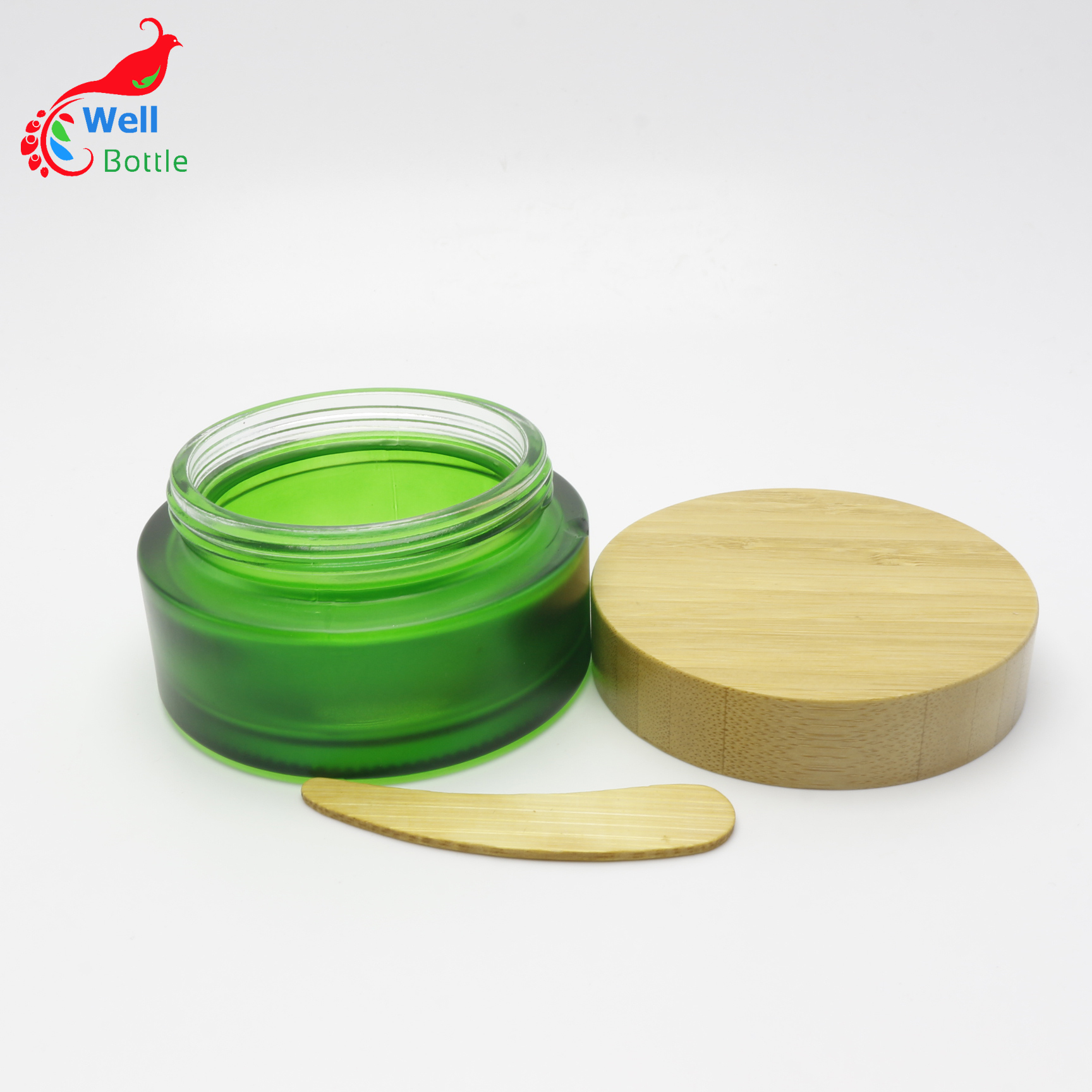Empty wood grain cover green matte glass jar 30ml skin care scrub frosted bottle consmetic cream jar J098E