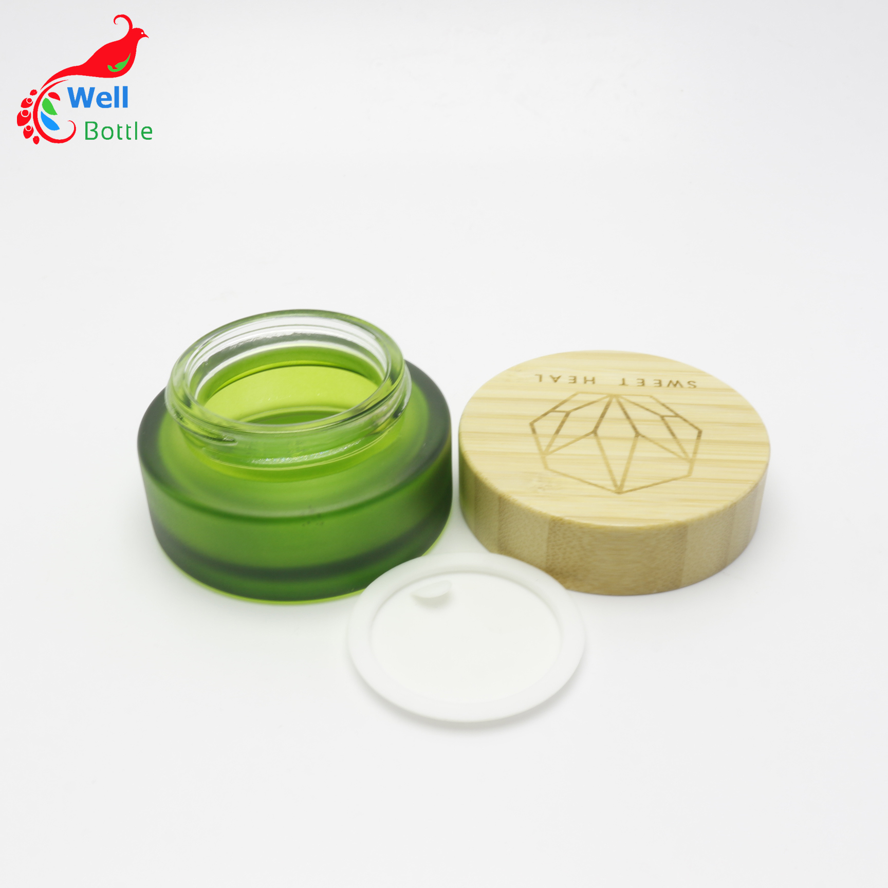 Empty wood grain cover green matte glass jar 30ml skin care scrub frosted bottle consmetic cream jar J098E