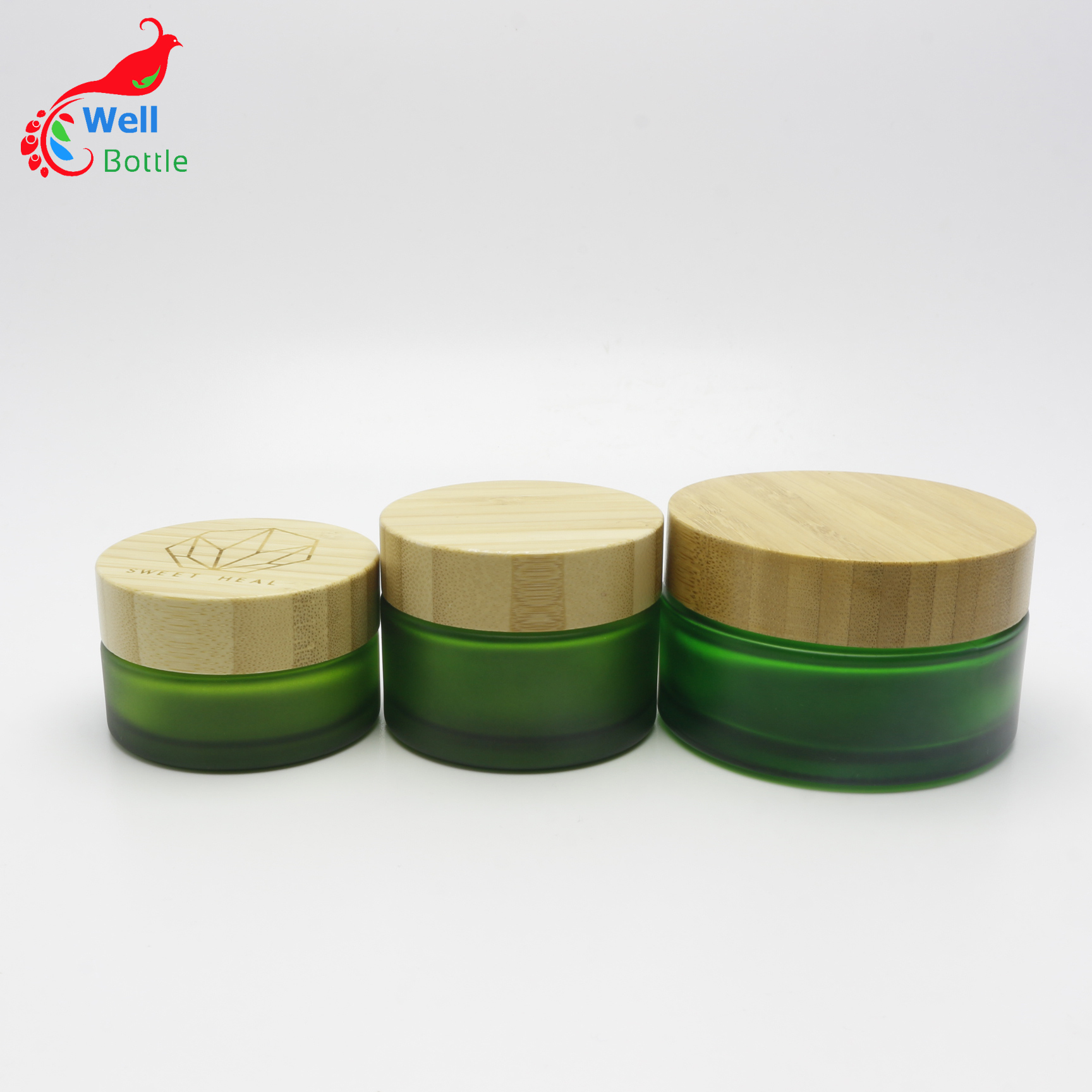 Empty wood grain cover green matte glass jar 30ml skin care scrub frosted bottle consmetic cream jar J098E