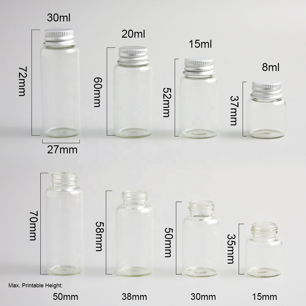 Empty8ml 15ml 20ml 30ml Clear Glass Bottle With Aluminum screw Cap Small Glass Small Vials For Essential Oil Use