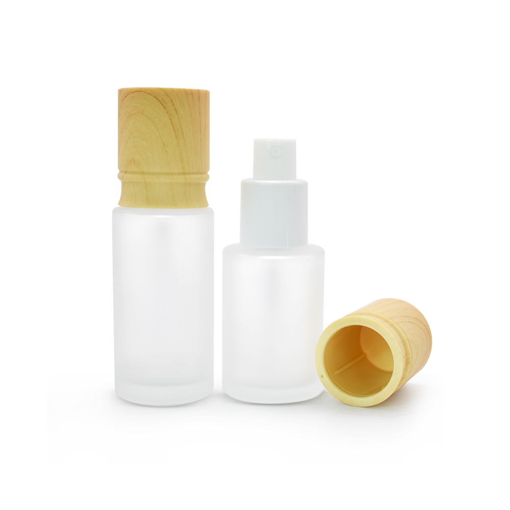 Emulsion glass bottle frosted flat shoulder with white pump jar with bamboo grain cover cosmetic set