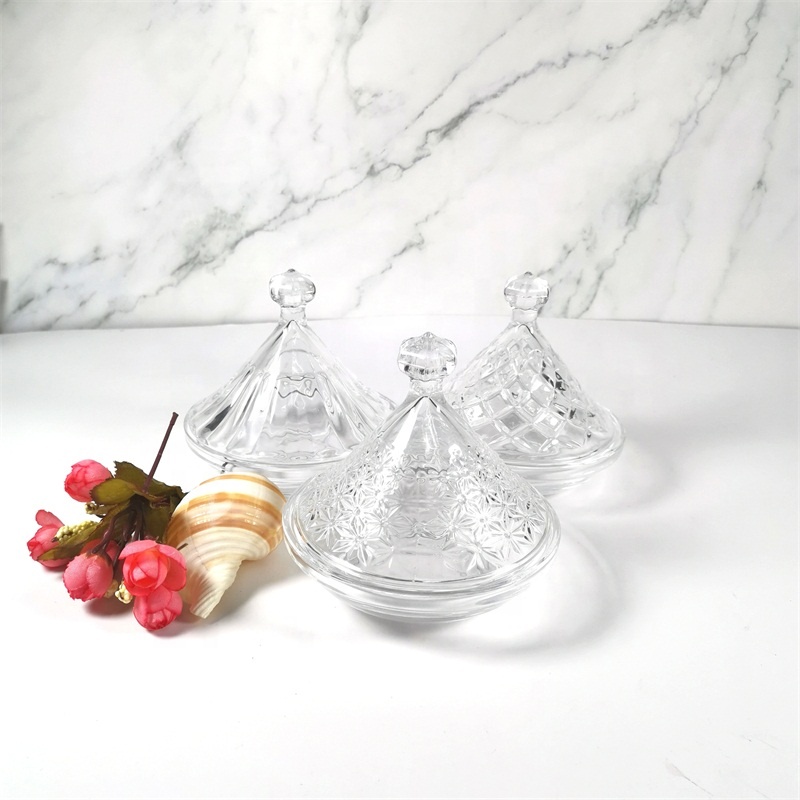 Engraved factory French Taji wholesale clear new glass candy pot customized golden ion plating glassware for home and restaurant