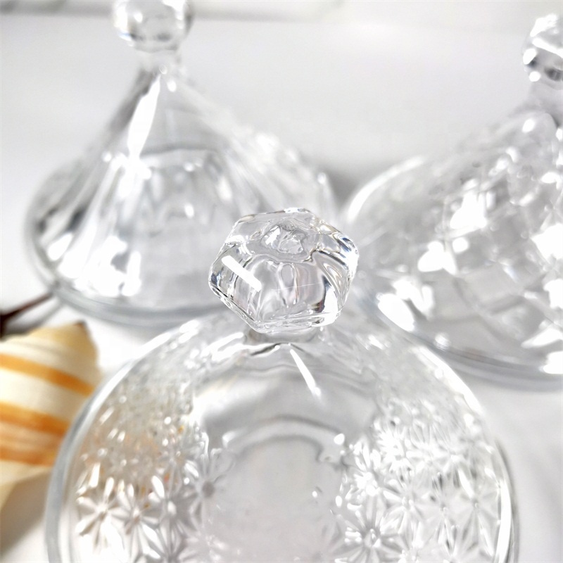 Engraved factory French Taji wholesale clear new glass candy pot customized golden ion plating glassware for home and restaurant