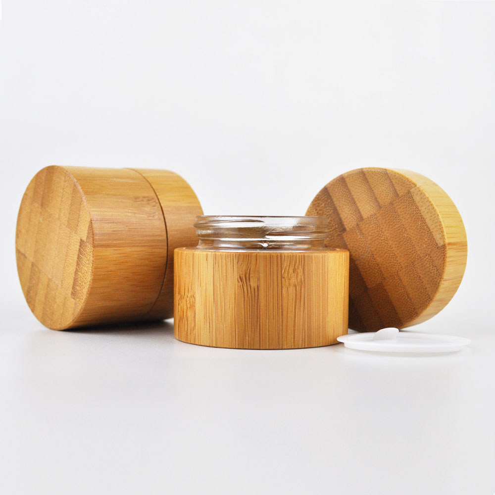 Environmental and eco friendly empty bamboo outer glass liner cosmetic packaging cosmetic cream jar