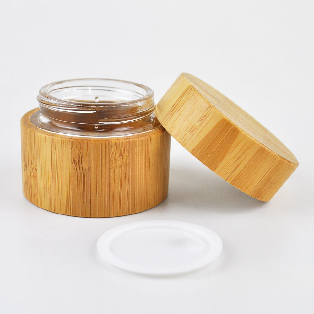 Environmental and eco friendly empty bamboo outer glass liner cosmetic packaging cosmetic cream jar