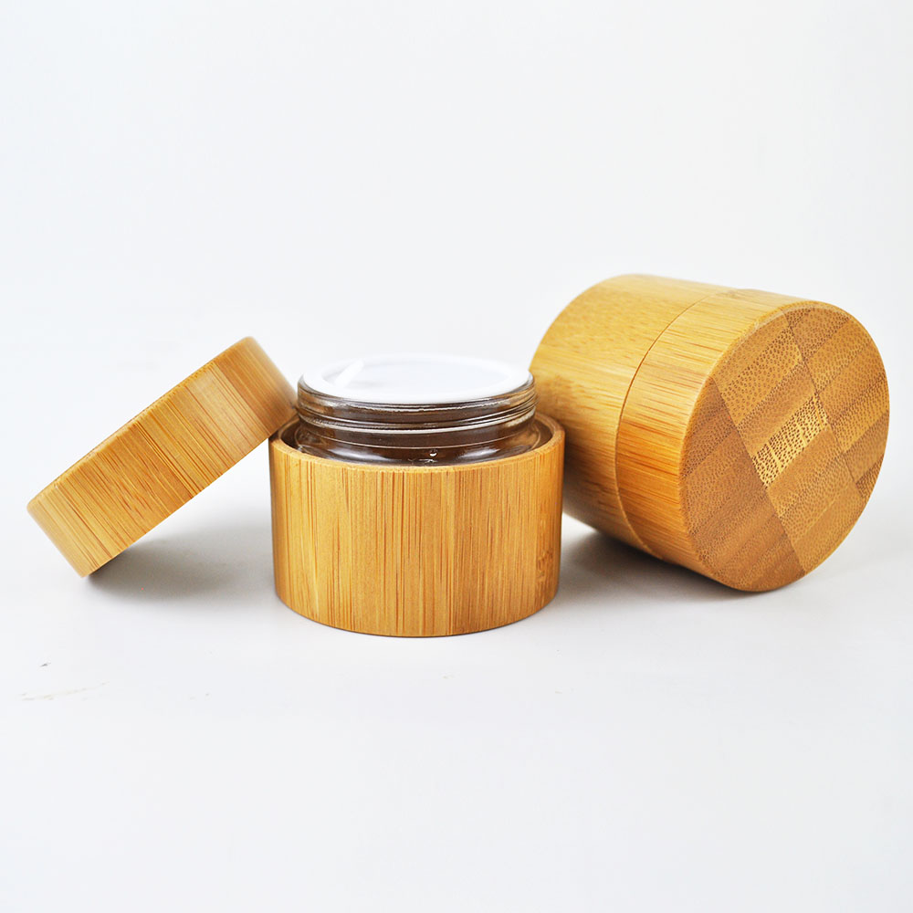 Environmental and eco friendly empty bamboo outer glass liner cosmetic packaging cosmetic cream jar