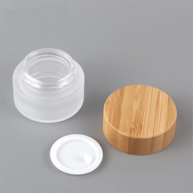Environmental cosmetic frosted glass cream jar 15g 30g 50g 100g with bamboo wooden lid/cap bamboo cosmetic packaging jar