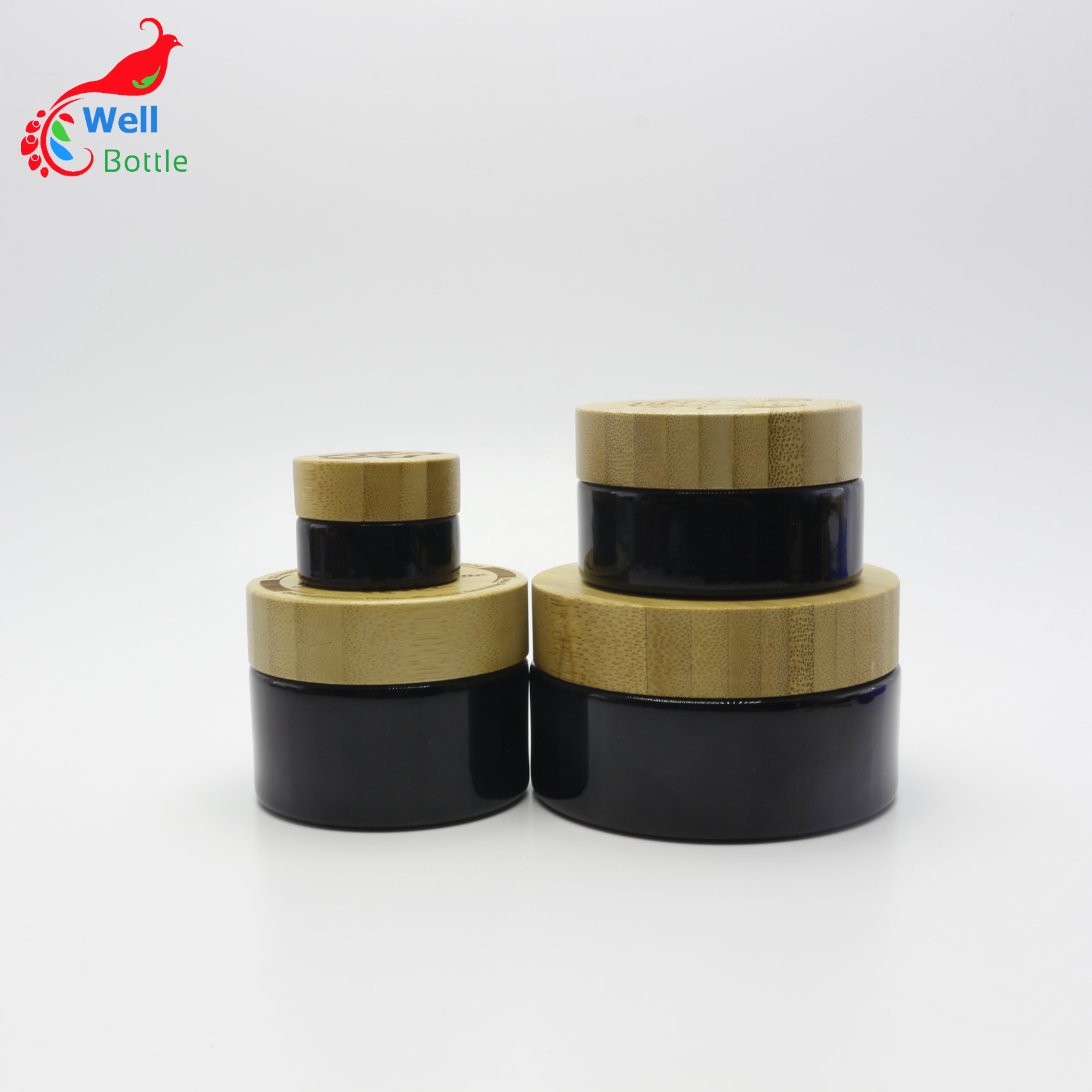 Environmental empty bamboo lid glass cream jar 50g Cosmetic black glass container wooden lids J137E